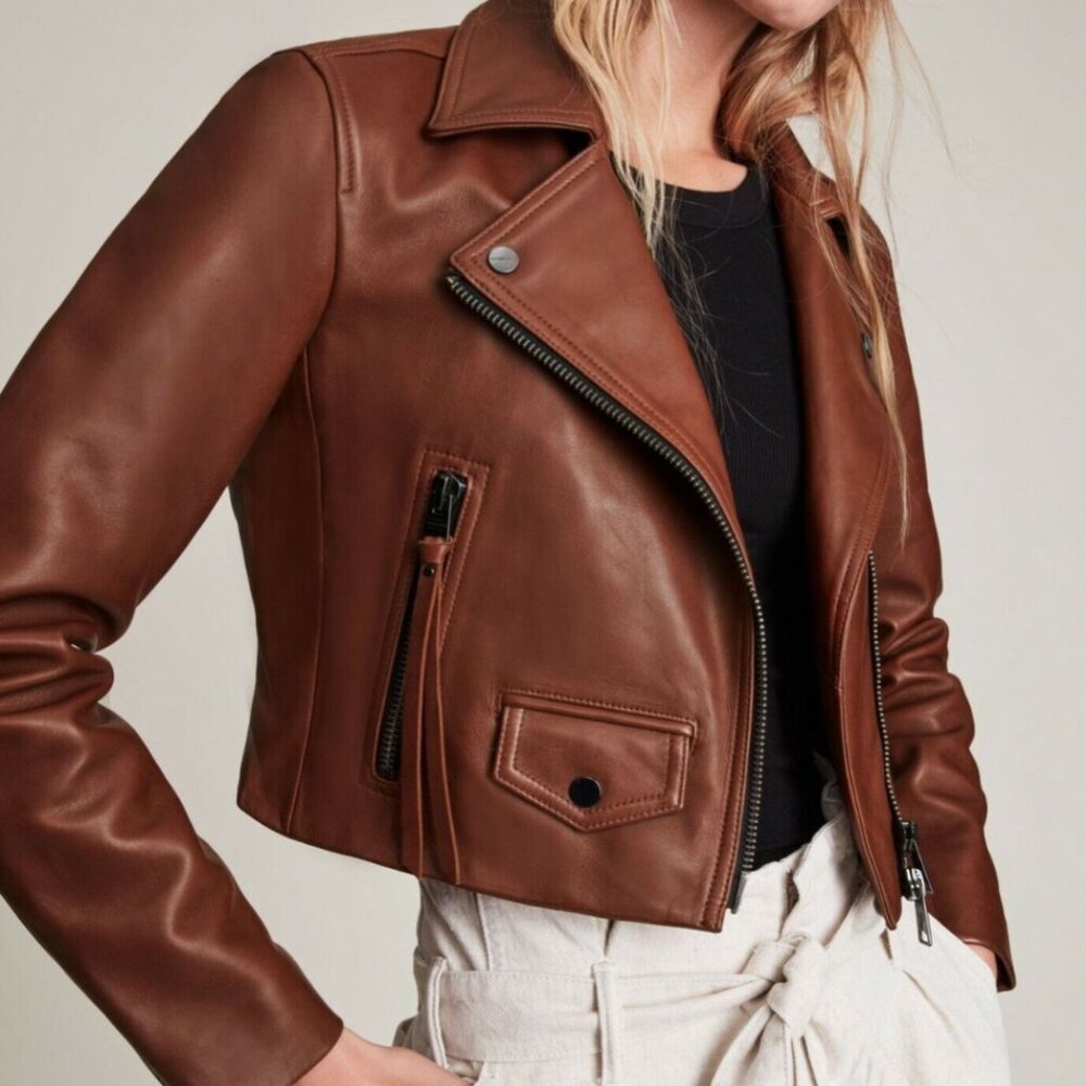 All Saints Elora Cropped Leather Jacket in Cognac Size US 6